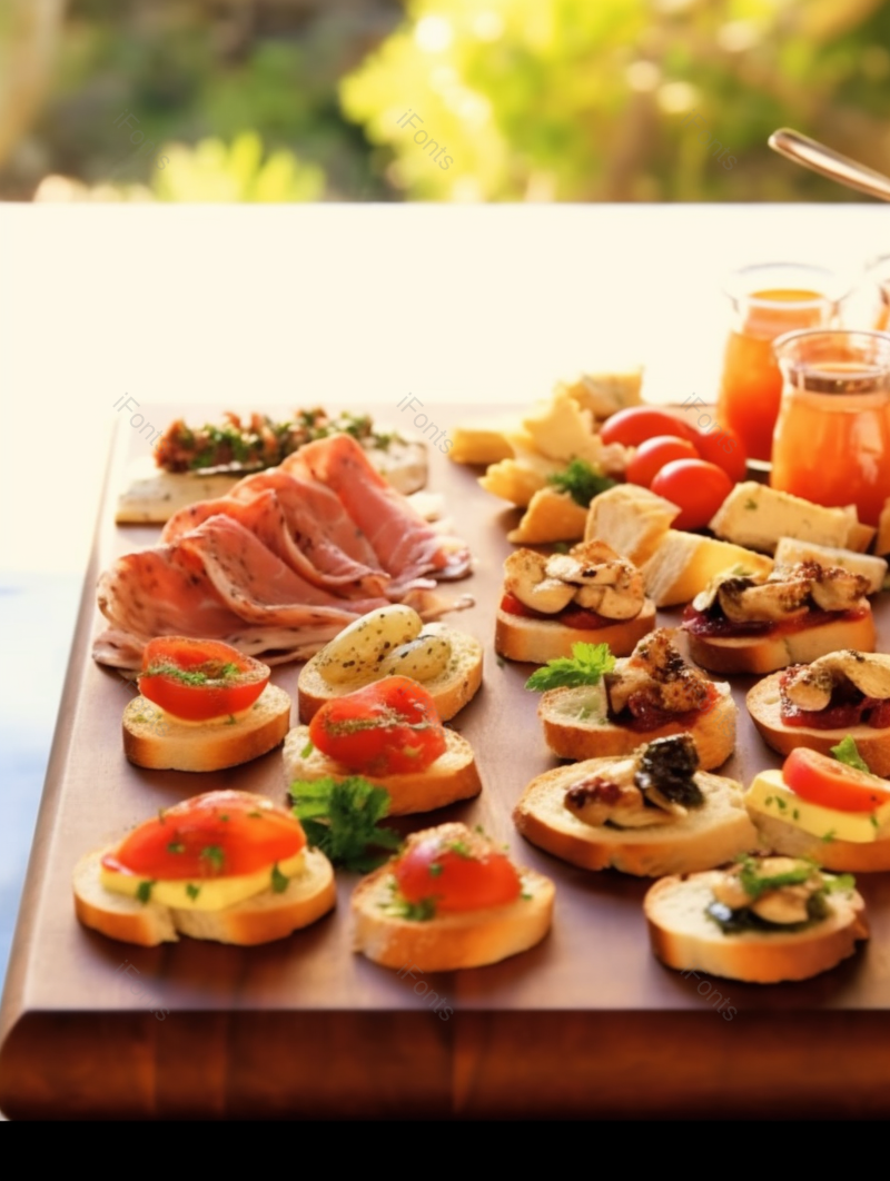 木质桌面上有美味的面包配芝士、番茄、鹅肝和野生鲑鱼,高清,摄影图,摄影图片,图片大全,摄影图免费下载